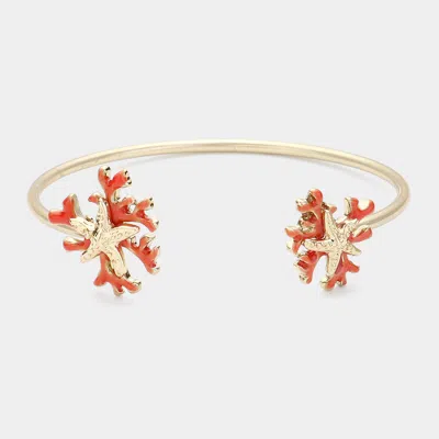 Fashnzfab Stone Paved Starfish Trimmed Cuff Bracelet Coral, Gold In Multi