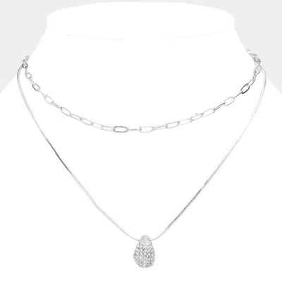 Fashnzfab Stone Paved Teardrop Pendant Double Layered Necklace In Metallic