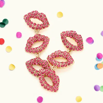 Fashnzfab Stone Paved Triple Lips Dropdown Earrings - Pink