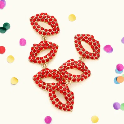 Fashnzfab Stone Paved Triple Lips Dropdown Earrings - Red