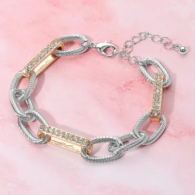 Fashnzfab Stone Paved Two Tone Textured Metal Link Chain Bracelet Clear, Gold, Two Tone In Metallic