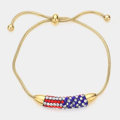 Fashnzfab Stone Paved Usa Flag Bar Adjustable Pull Tie Bracelet Gold