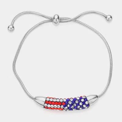 Fashnzfab Stone Paved Usa Flag Bar Adjustable Pull Tie Bracelet Silver