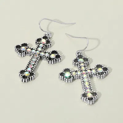 Fashnzfab Stone Paved Vintage Metal Cross Dangle Earrings - Antique Silver