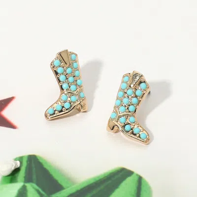 Fashnzfab Stone Paved Western Cowboy Boot Stud Earrings In Blue