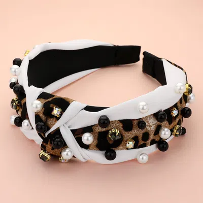 Fashnzfab Stone Pearl Ball Embellished Leopard Printed Knot Headband In Multi
