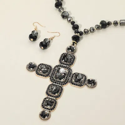 Fashnzfab Stone Pearl Embellished Cluster Cross Pendant Faceted Beaded Long Necklace - Black