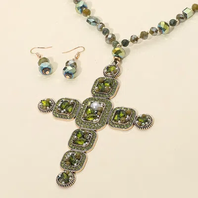 Fashnzfab Stone Pearl Embellished Cluster Cross Pendant Faceted Beaded Long Necklace In Green