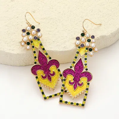 Fashnzfab Stone Pearl Paved Sparkly Mardi Gras Fleur De Lis Bottle Dangle Earrings In Multi