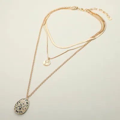 Fashnzfab Stone Pendant Triple Layered Chain Necklace In Gold