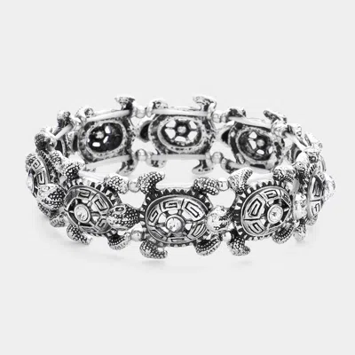 Fashnzfab Stone Pointed Antique Metal Turtle Link Stretch Bracelet Silver Burnished In Black