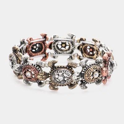 Fashnzfab Stone Pointed Antique Metal Turtle Link Stretch Bracelet Three Tone In Red