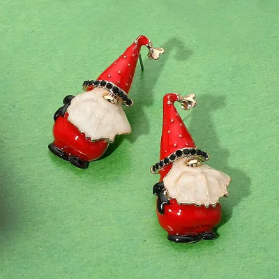 Fashnzfab Stone Pointed Enamel Festive Santa Gnome Earrings In Red