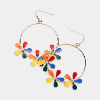 Fashnzfab Stone Pointed Enamel Flower Open Ring Dangle Earrings - Multi