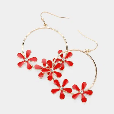 Fashnzfab Stone Pointed Enamel Flower Open Ring Dangle Earrings In Red