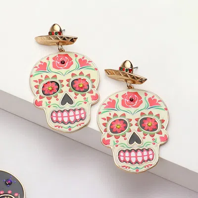 Fashnzfab Stone Pointed Enamel Sugar Skull Dangle Earrings In Gold