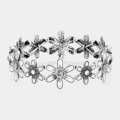 Fashnzfab Stone Pointed Metal Flower Link Stretch Bracelet Silver Burnished In Multi
