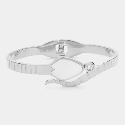 Fashnzfab Stone Pointed Mother Of Pearl Snake Hinged Bracelet Silver