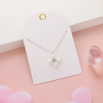 Fashnzfab Stone Pointed Pearl Flower Pendant Necklace In White