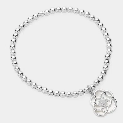 Fashnzfab Stone Pointed Rose Charm Stainless Steel Ball Beaded Stretch Bracelet Silver In Metallic