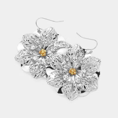Fashnzfab Stone Pointed Textured Metal Flower Dangle Earrings In Silver
