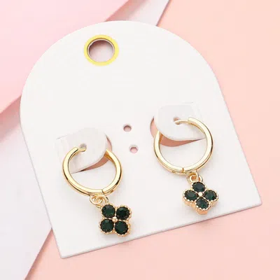 Fashnzfab Stone Quatrefoil Dangle Huggie Earrings - Emerald In Gold