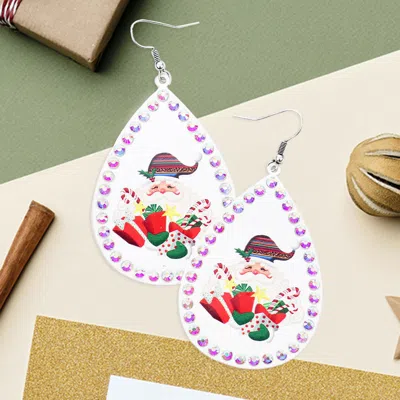 Fashnzfab Stone Trim Santa Claus Xmas Gift Serape Print Metal Teardrop Dangle Earrings In White