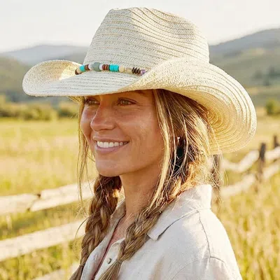 Fashnzfab Stone Wood Beaded Band Summer Straw Cowboy Hat In Multi