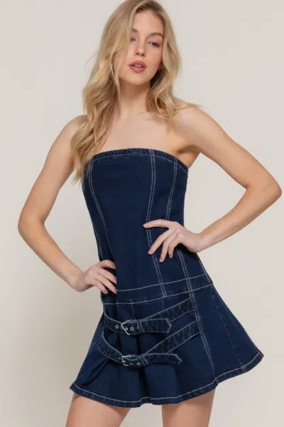 Fashnzfab Strapless Stretch Denim Mini Pleats Dress