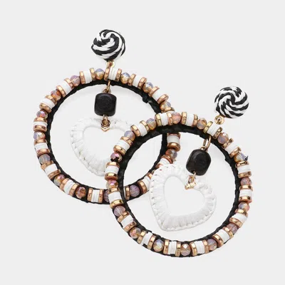 Fashnzfab Straw Heart Accented Heishi Faceted Beaded Open Circle Dangle Earrings In Multi