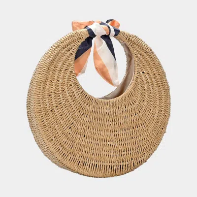 Fashnzfab Straw Round Ribbon Handle Tote Bag In Brown