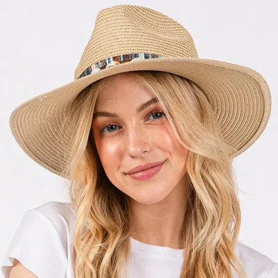 Fashnzfab Straw Sun Hat With Puka Sell And Multi Colored Band In Green