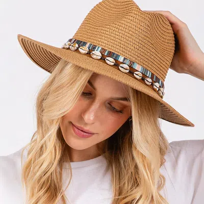 Fashnzfab Straw Sun Hat With Puka Sell And Multi Colored Band In Pattern