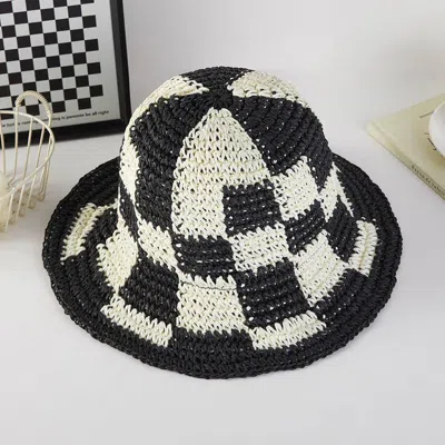 Fashnzfab Straw Woven Pattern Summer Bucket Hat In Black