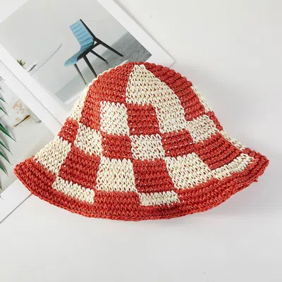 Fashnzfab Straw Woven Pattern Summer Bucket Hat In Red