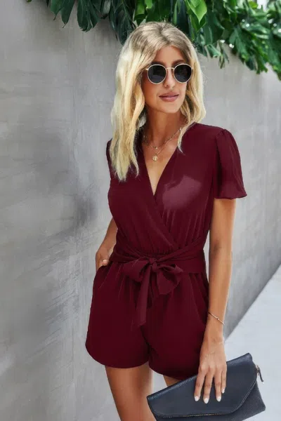 Fashnzfab Stretch Belted Plunge Neck Wrap Knot Side Romper