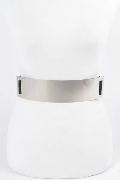 Fashnzfab Stretch Waist Belt With Wide Metal Accent Plate In Silver