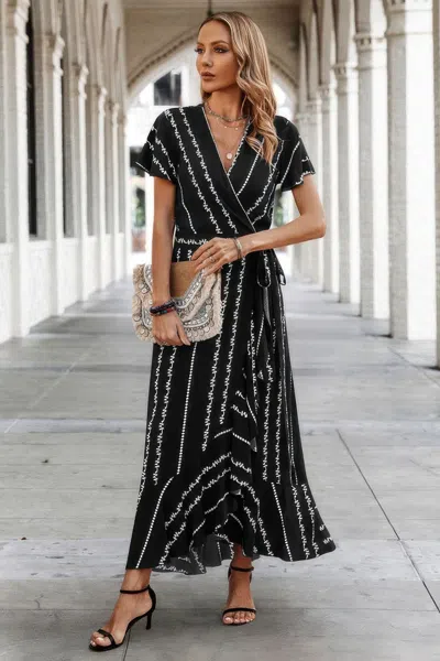 Fashnzfab Strip Knot Belt Split V Neck Hem Ruffle Fit Dress In Black