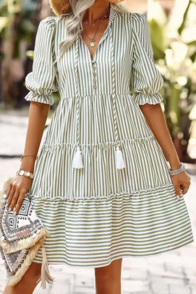 Fashnzfab Strip V Neck Button Puff Sleeves High Waist Dress