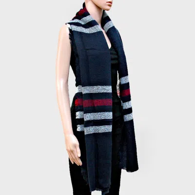 Fashnzfab Stripe Accented Knit Shawl Scarf With Raw Fringe Trim In Blue