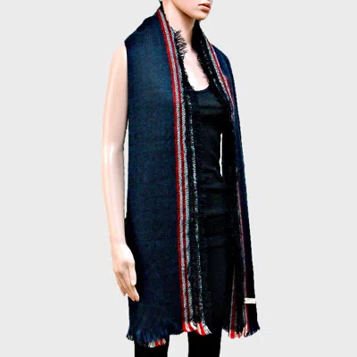 Fashnzfab Stripe Accented Scarf With Raw Fringe Trim In Blue