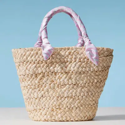 Fashnzfab Stripe Print Fabric Scarf Wrapped Handle Raffia Tote Bag In Pink