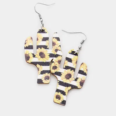 Fashnzfab Stripe Sunflower Print Wood Cactus Earrings - Multi, Yellow