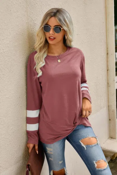 Fashnzfab Stripe Twisted Front Long Sleeve Shirt In Pink