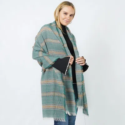 Fashnzfab Stripe Woven Oblong Scarf/shawl In Green