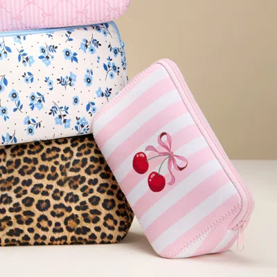 Fashnzfab Striped Bow Cherry Printed Cosmetic Pouch Bag In Pink