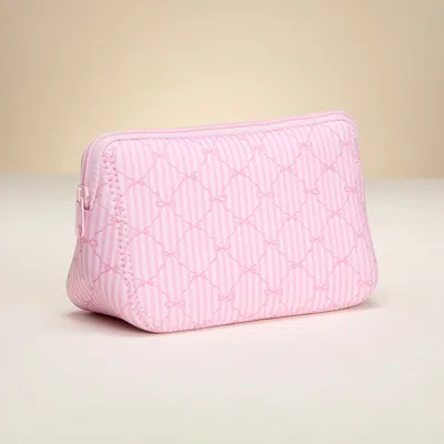 Fashnzfab Striped Bow Pattern Cosmetic Pouch Bag In Pink