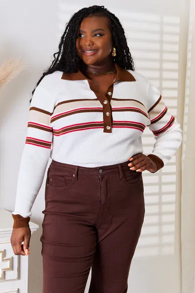 Fashnzfab Striped Collared Neck Rib-knit Top In Beige