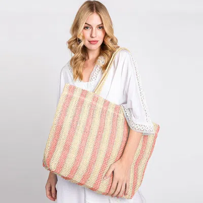 Fashnzfab Striped Color Straw Crochet Tote Bag In Pink