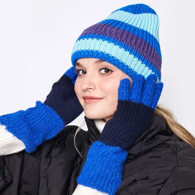 Fashnzfab Striped Cuff Beanie Hat In Blue